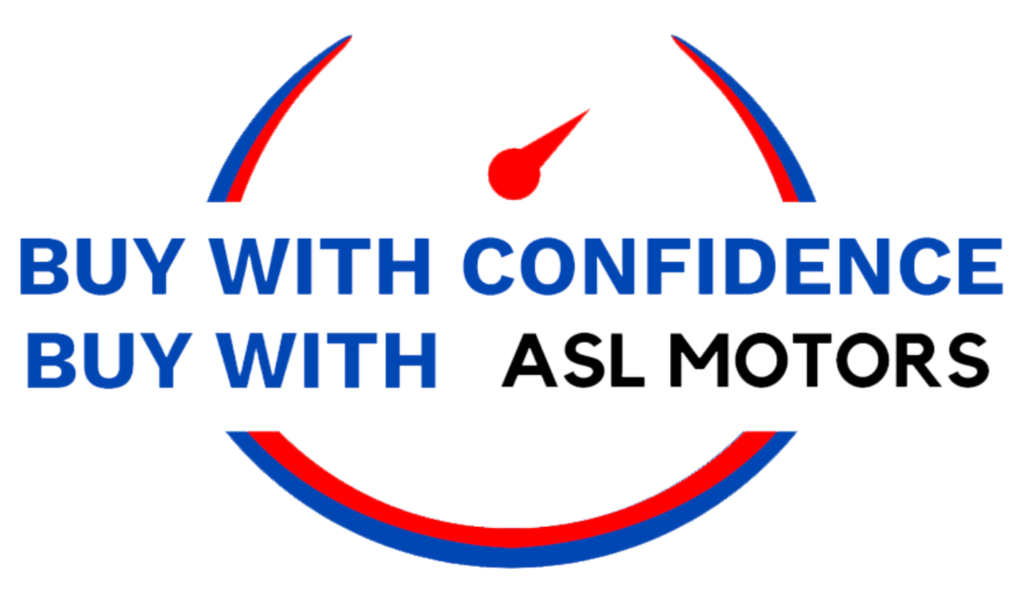A logo with a stylized speedometer gauge and the text "BUY WITH CONFIDENCE" repeated twice, followed by "ASL MOTORS".