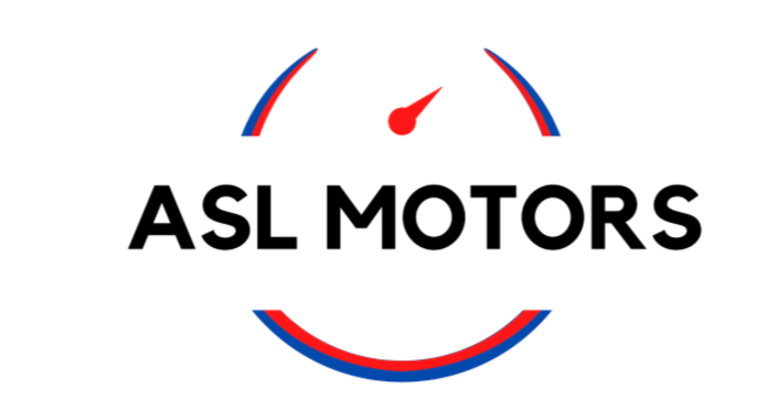 Logo for ASL Motors featuring a speedometer graphic with a red needle and curved red and blue lines, and the text "ASL MOTORS" in bold black letters.