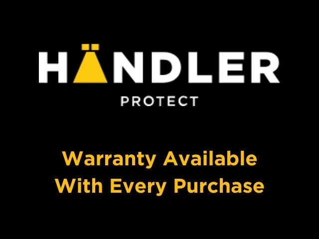 Black background with white and yellow text displaying the HANDLEL Protect logo, and a message about warranty availability with every purchase.