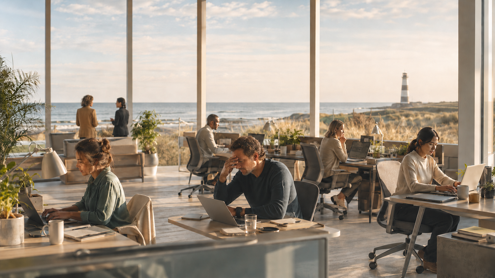 Een modern kantoor met grote ramen dat uitkijkt op de zee en een vuurtoren in de verte. Mensen werken aan laptops, sommigen lijken gestrest, anderen geconcentreerd. De ruimte is ingericht met planten en lichte meubels.