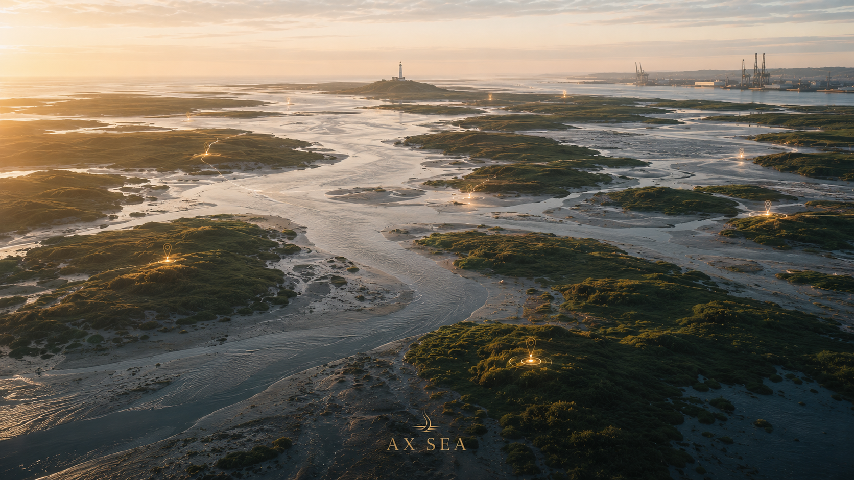 Landschap van een rivierdelta bij zonsopgang met een vuurtoren op een eiland en scheepskranen op de achtergrond, met verlichte locatiepunten en de tekst 'AX SEA' onderaan.