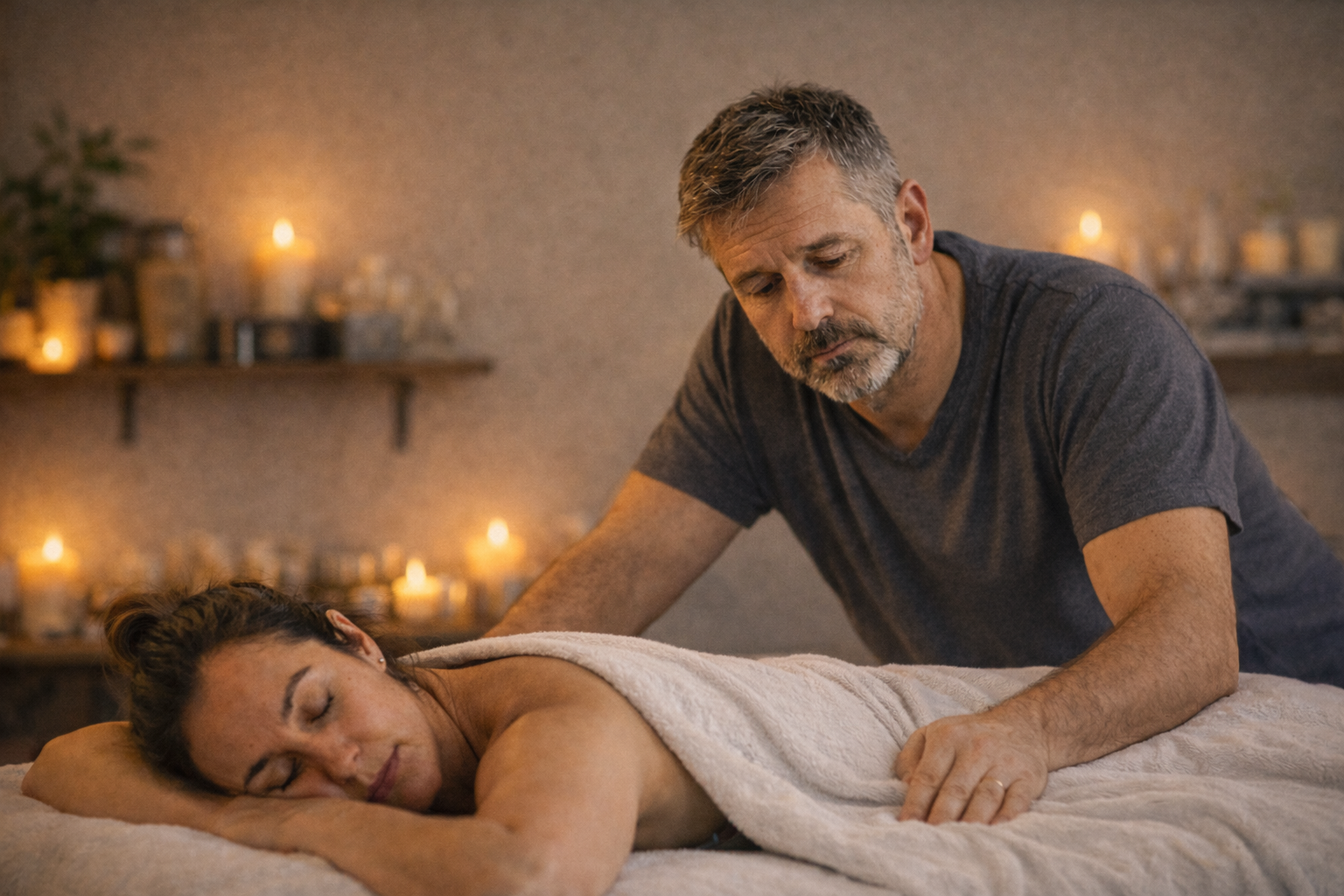 Een man geeft een massage aan een vrouw die ligt te slapen op een massagebank in een rustige kamer met kaarsverlichting.