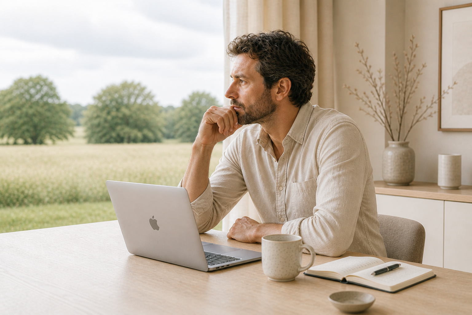 Man zit aan een houten tafel, deep in gedachten, met een open laptop, een notitieboek en een pen, en een kopje koffie. Op de achtergrond een raam met uitzicht op een veld met bomen.