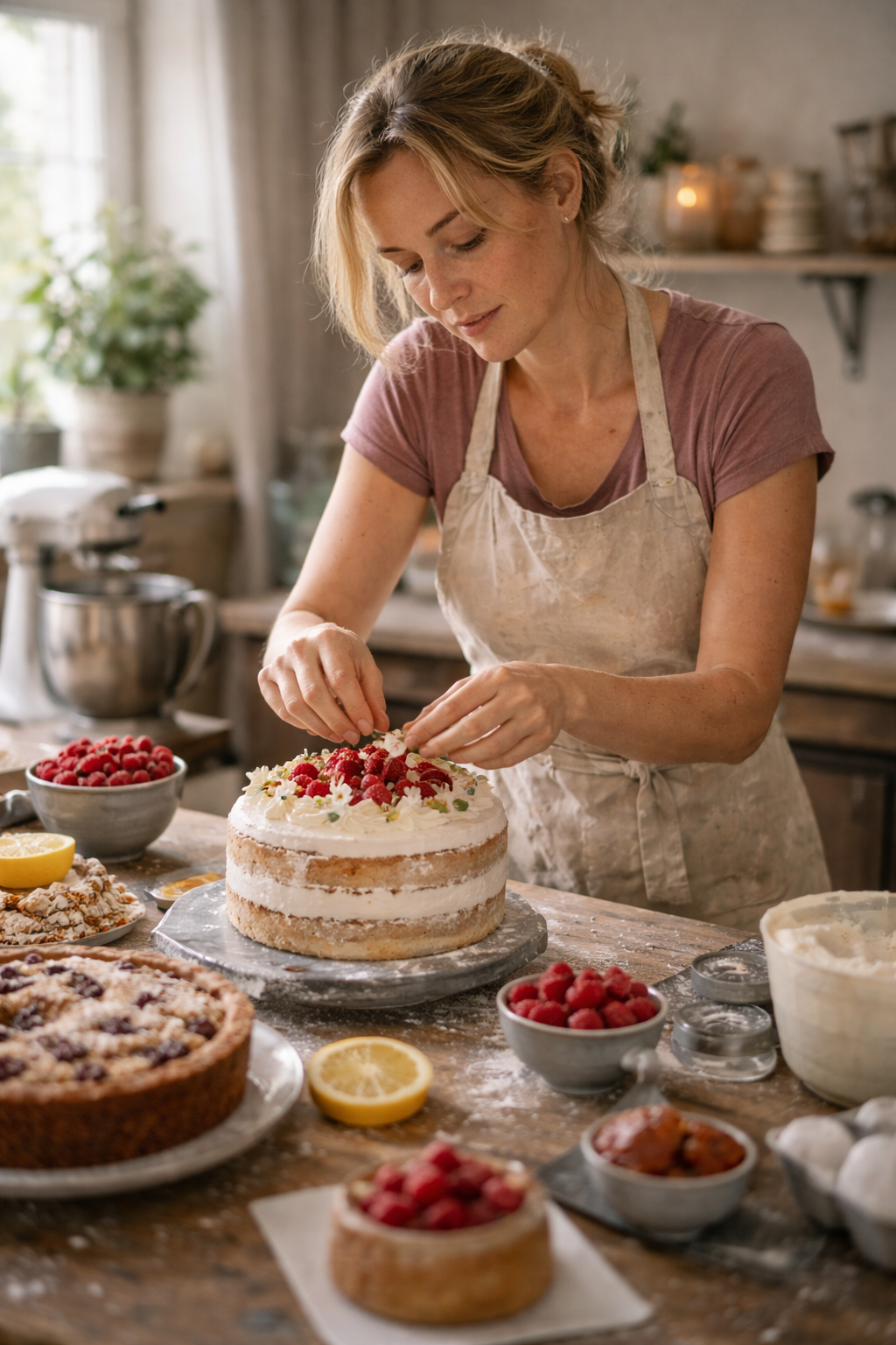 Vrouw decoratie een taart met frambozen in een keuken.
