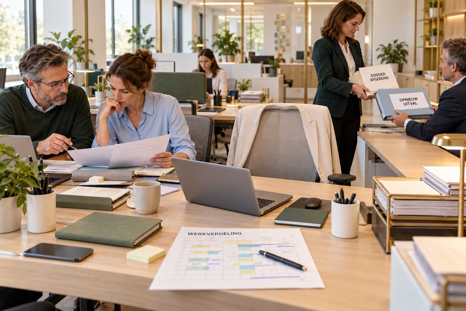 Zakelijke vergadering op kantoor met medewerkers, documenten, laptop en een werkverdelingsplanning