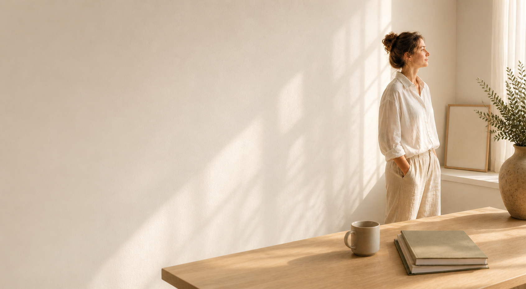 Vrouw staat naast raam met zonnelicht, in een lichte kamer met een beige muur, een grote keramische vaas met groenblijvende takken, een tafel met koffiemok en drie gesloten boeken.