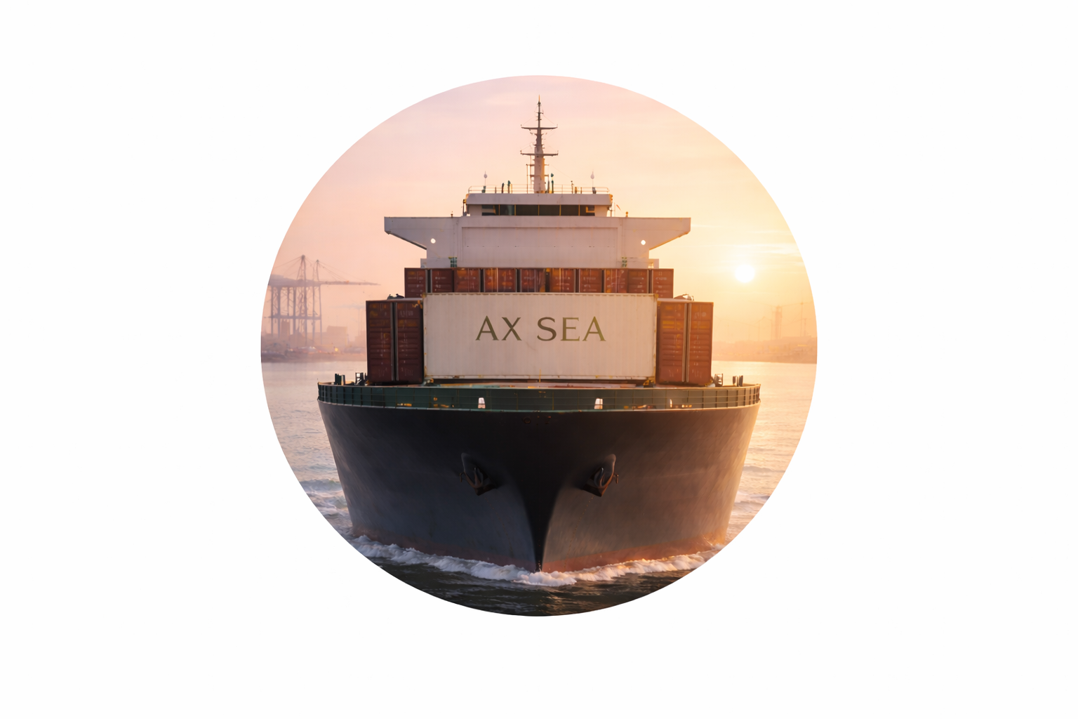 Vrachtschip op zee tijdens zonsondergang met containers aan boord en de tekst 'AX SEA' op een container.