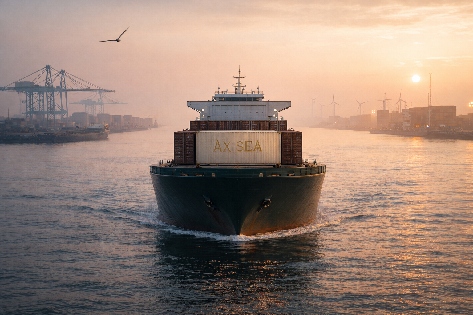 Een grote containerboot genaamd AX SEA vaart door een havengracht tijdens zonsopgang, met industriegebouwen, kranen en windmolens op de achtergrond, en een vogel vliegt boven het water.