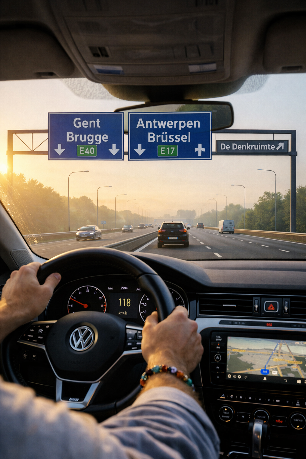 Binnen in een auto, met zicht op een snelweg en blauwe verkeersborden met richtingen naar Gent, Brugge, Antwerpen, Brussel en De Denkruiimte.
