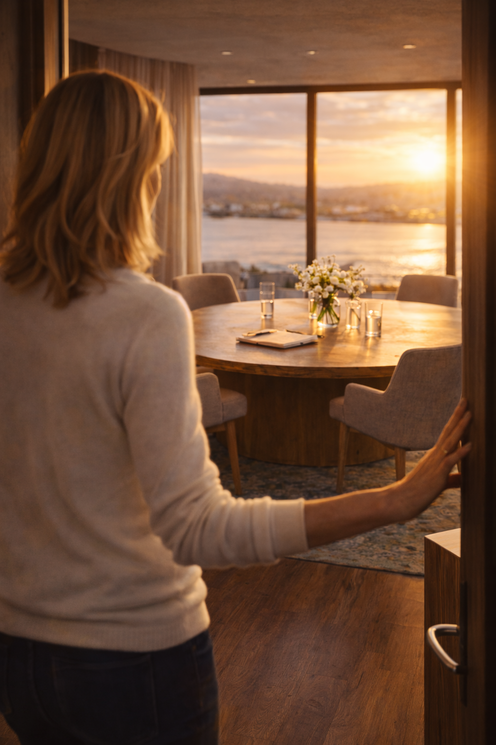 Een vrouw opent een deur en kijkt naar een eetkamer met een grote ronde tafel, een boek en bloemen, terwijl de zon ondergaat en een waterpartij te zien is door grote ramen.