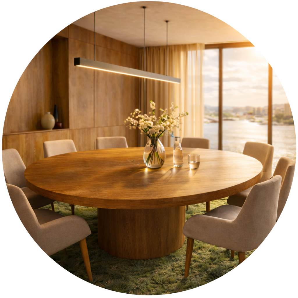 Een ronde houten eettafel met zes beige stoelen in een moderne eetkamer met grote ramen die uitkijken op een rivier bij zonsondergang.