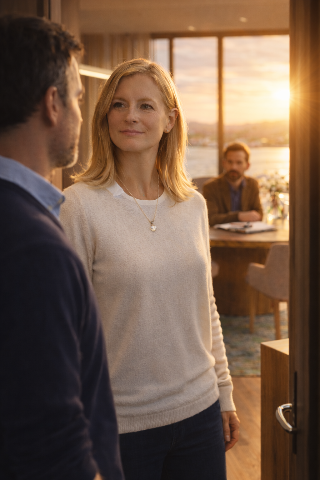 Twee mensen die een gesprek hebben bij ondergang, met een man in de achtergrond die naar hen kijkt.