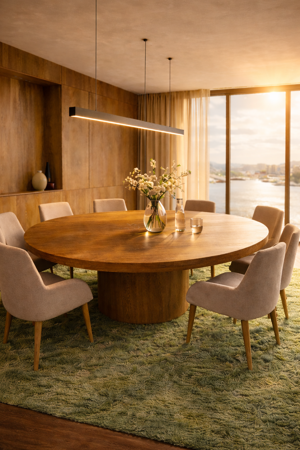 Een ronde houten eettafel met acht beige cushioned stoelen in een modern interieur met houten wandpanelen en grote ramen die uitzicht bieden op een rivier en de stad, vergezeld van een vaas met witte bloemen en enkele glazen.