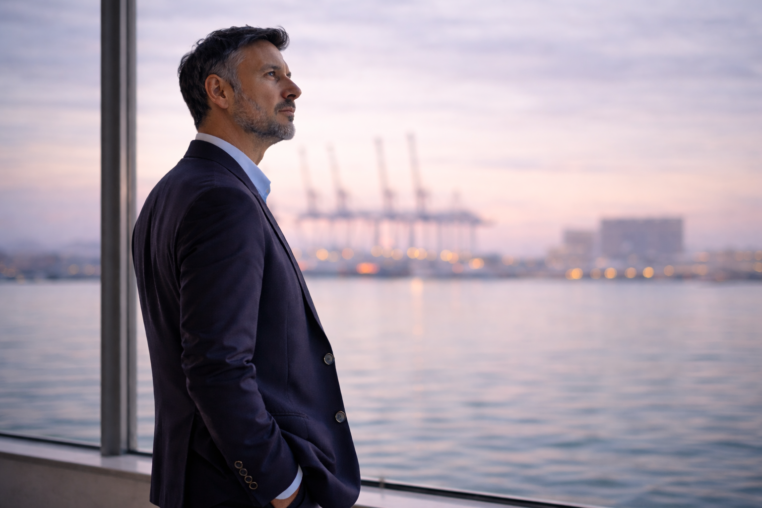 Man in een pak kijkt uit over het water met een haven en veerhaven in de achtergrond