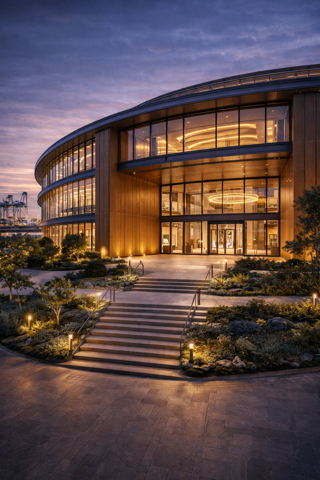 Modern kantoorgebouw met grote glazen ramen en ronde architectuur, verlicht in de avond met tuinverlichting en omgeven door een aangelegde tuin.