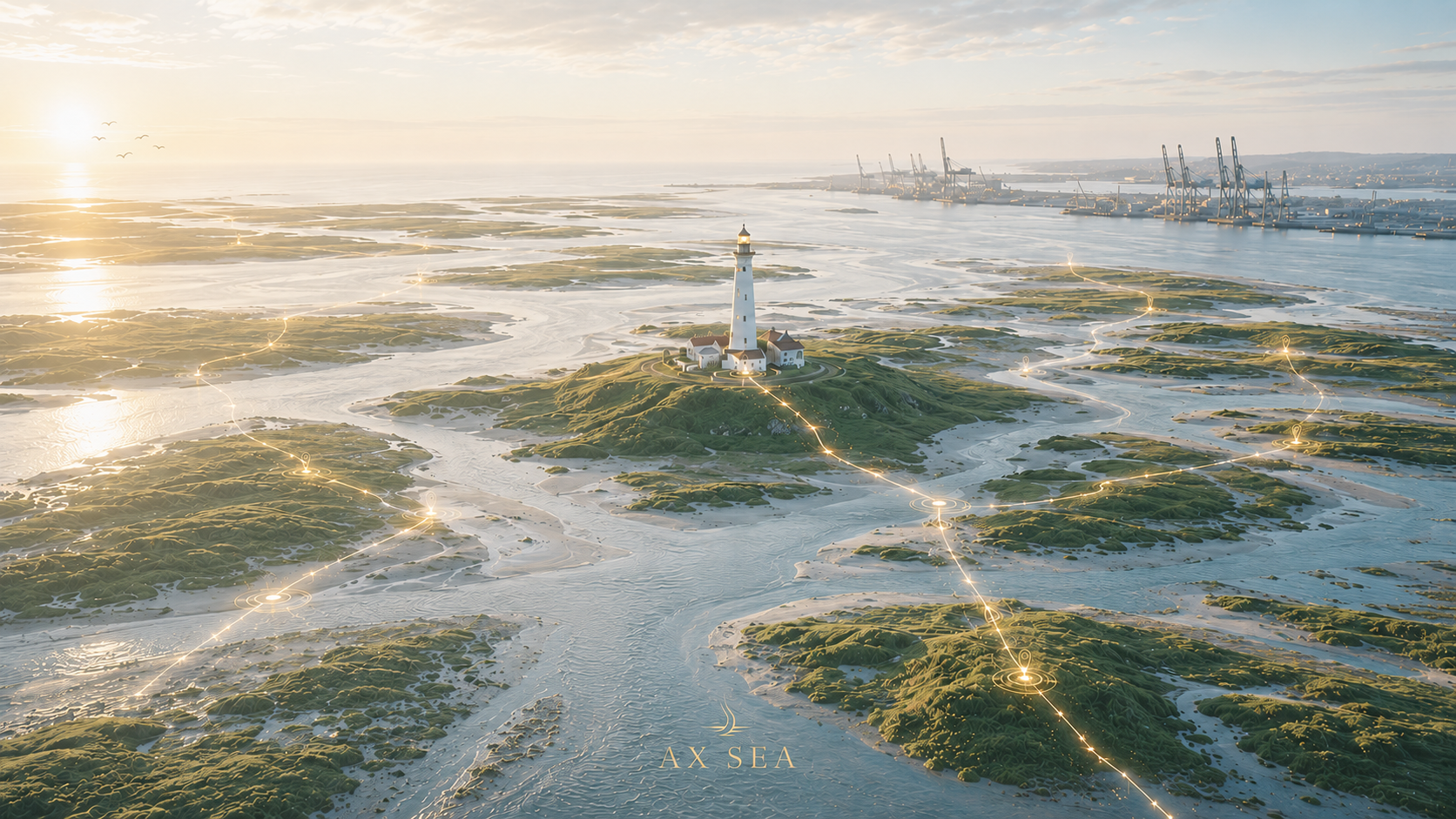 Lichtgekleurde digitale weergave van een vuurtoren op een eiland, met digitale routepaden en markeringssymbolen op een kaart. Textuurverschillen tonen water en land, met een haven en kranen op de achtergrond.