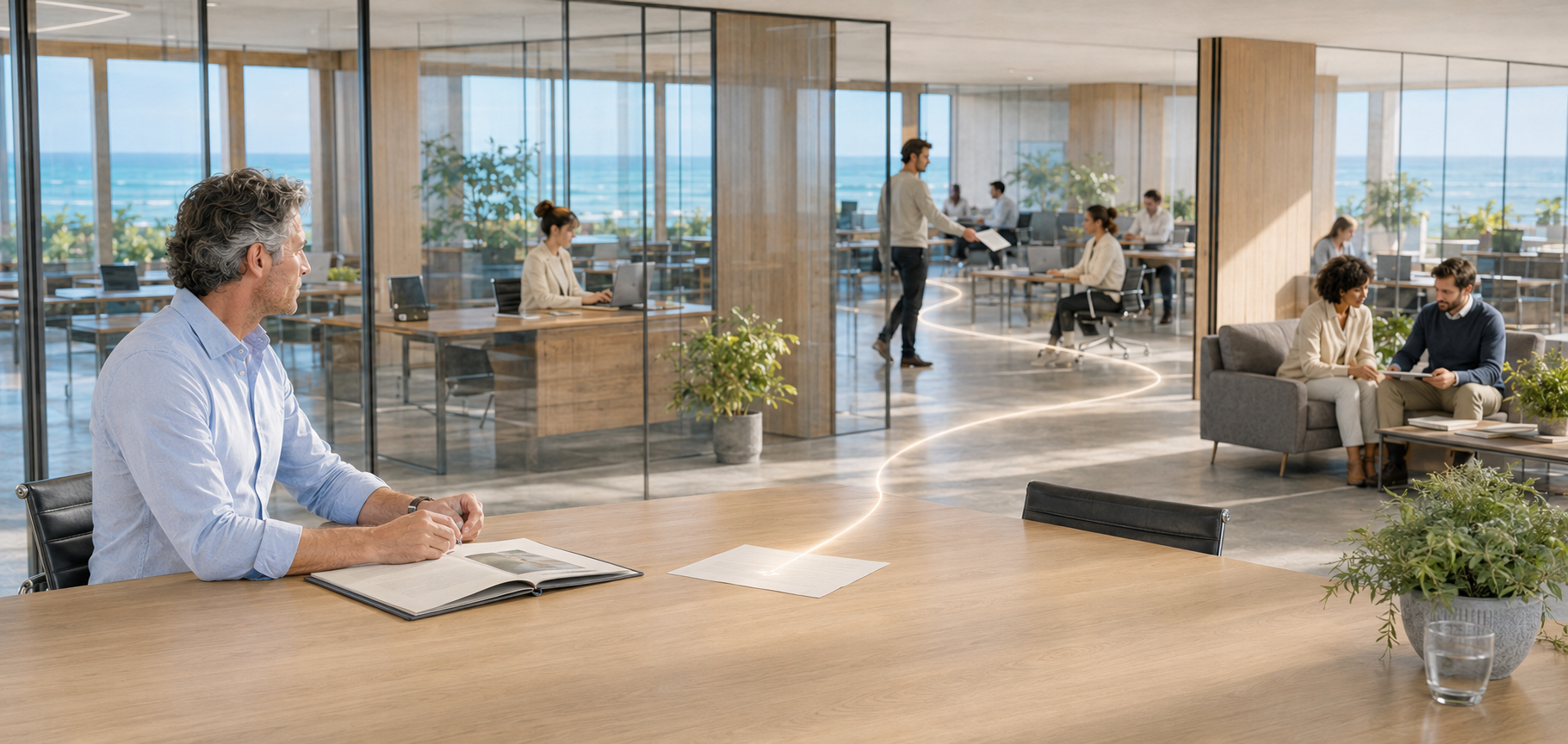 Een moderne kantoorruimte met grote ramen en uitzicht op de oceaan, waar mensen werken en vergaderen. In de voorgrond zit een man aan een grote houten tafel met een open boek voor zich. Op de achtergrond werken mensen aan computers en bespreken zaken, met ruimtes gescheiden door glazen wanden en kamerplanten.