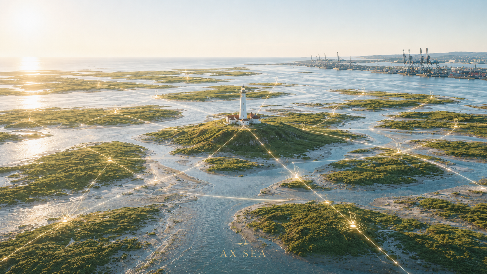Landschap met een vuurtoren op een heuvel, omringd door eilanden en waterwegen, met een digitale netwerklaag en een haven in de achtergrond.
