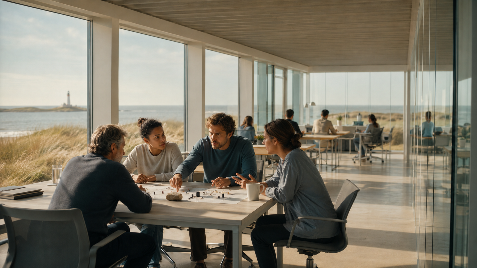 Mensen die een bordspel spelen in een zonnige serre met uitzicht op de zee en een vuurtoren.