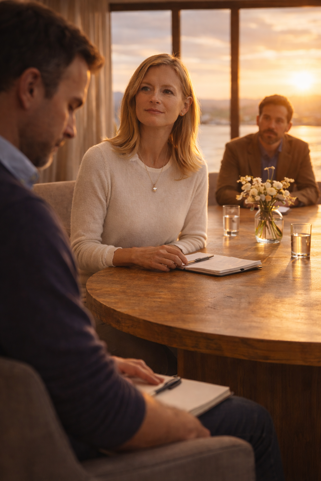 Vrouw zit aan een tafel met drie mensen, op de achtergrond zonsondergang door de ramen, decoratie met bloemen op tafel.