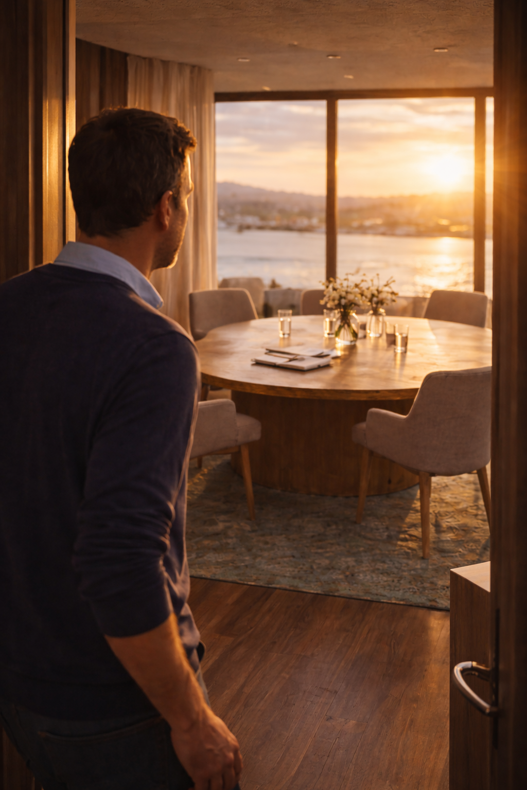 Man kijkt door een open deur naar een elegante eetkamer met een ronde houten tafel, omgeven door zachte beige stoelen en versierd met witte bloemen, met uitzicht op een water en de ondergaande zon.
