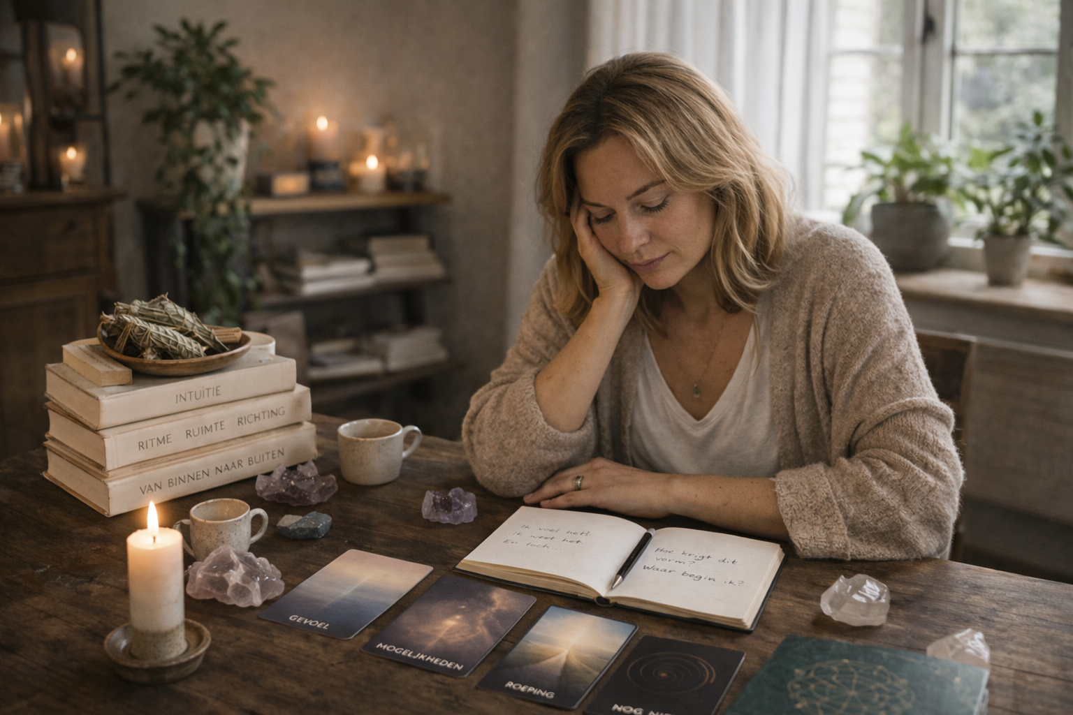Vrouw die nadenkt aan een houten tafel met tarotkaarten, kristallen en kaarsen, in een rustieke kamer, tijdens tarot- of meditatiesessie.