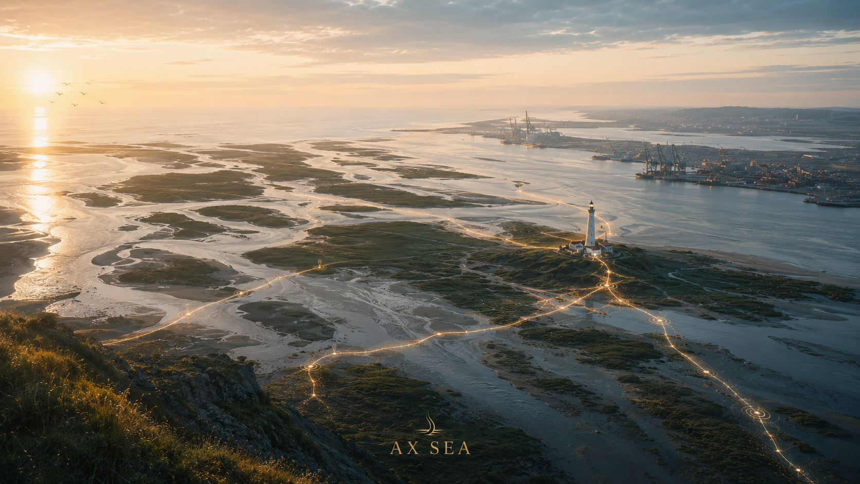 Lichtstad op kust met vuurtoren, waterwegen en scheepvaart, zonsondergang met ondergaande zon en een groep vogels in de lucht