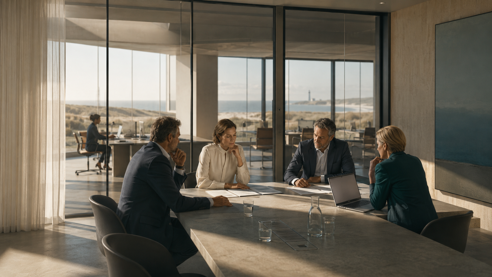 Vijf zakendivise mensen in een modern vergaderzaal, vier mensen aan tafel, één persoon op de achtergrond bij een bureau, met uitzicht op de kust en een vuurtoren.