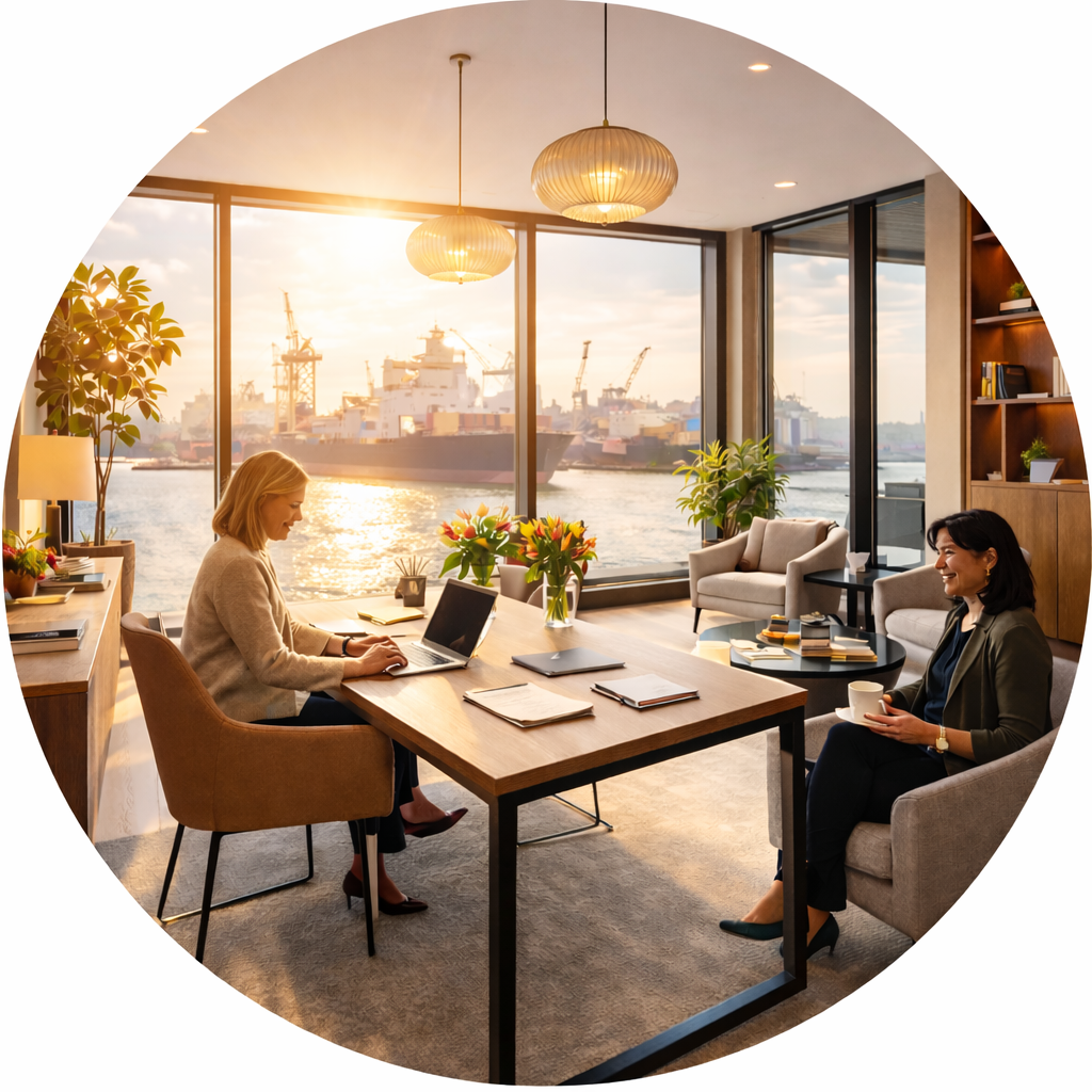 Twee vrouwen in een kantoor met uitzicht op een haven, een vrouw werkt op een laptop en de ander drinkt koffie.