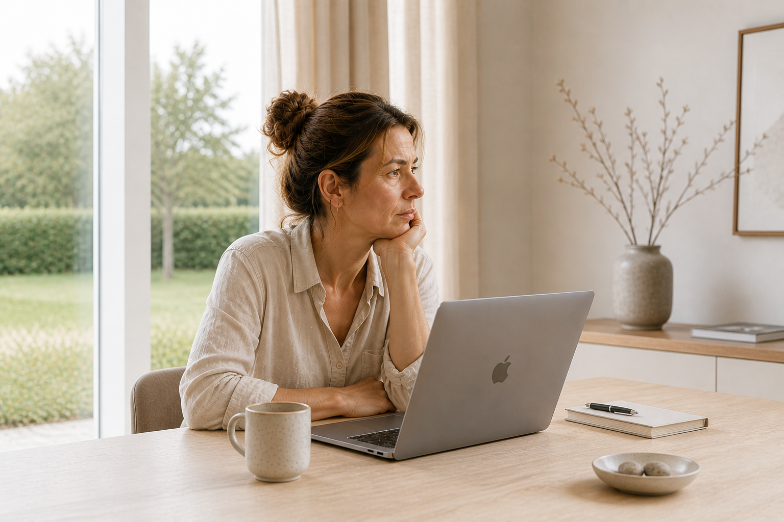Vrouw zit aan een tafel met een laptop, een mok en een notitieboek. Ze kijkt naakt uit het raam, met een tuin op de achtergrond.