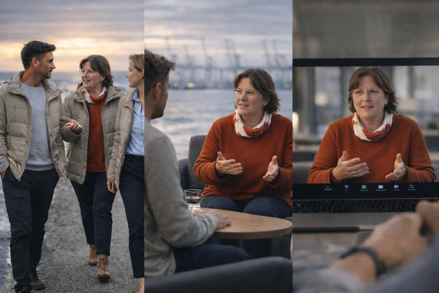 Vrouwen en mannen in gesprek bij de rivier, samen in een informele setting, een vrouw op een laptop tijdens een videocall met een achtergrond van boten en de stad.