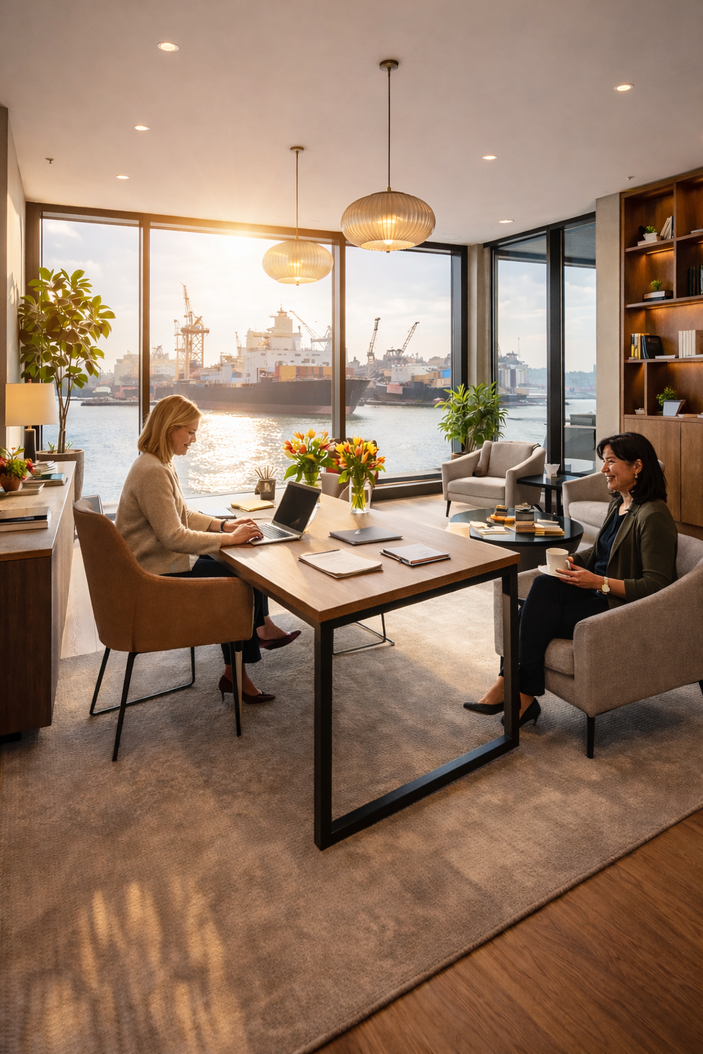 Twee vrouwen in een kantoor met uitzicht op de haven tijdens zonsondergang, een werkmeeting met laptop, notitieboekjes en een kopje koffie. Decoratief planten en boekenrekken in de kamer.