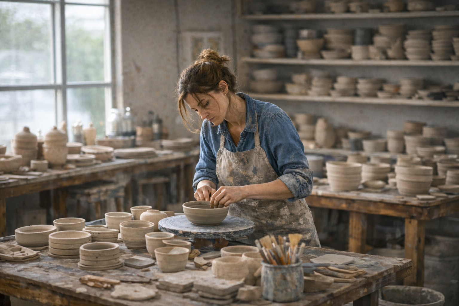 Vrouwelijk pottenbakkerij die met klei aan het werken is in een pottenbakkerij met veel potten en schalen.