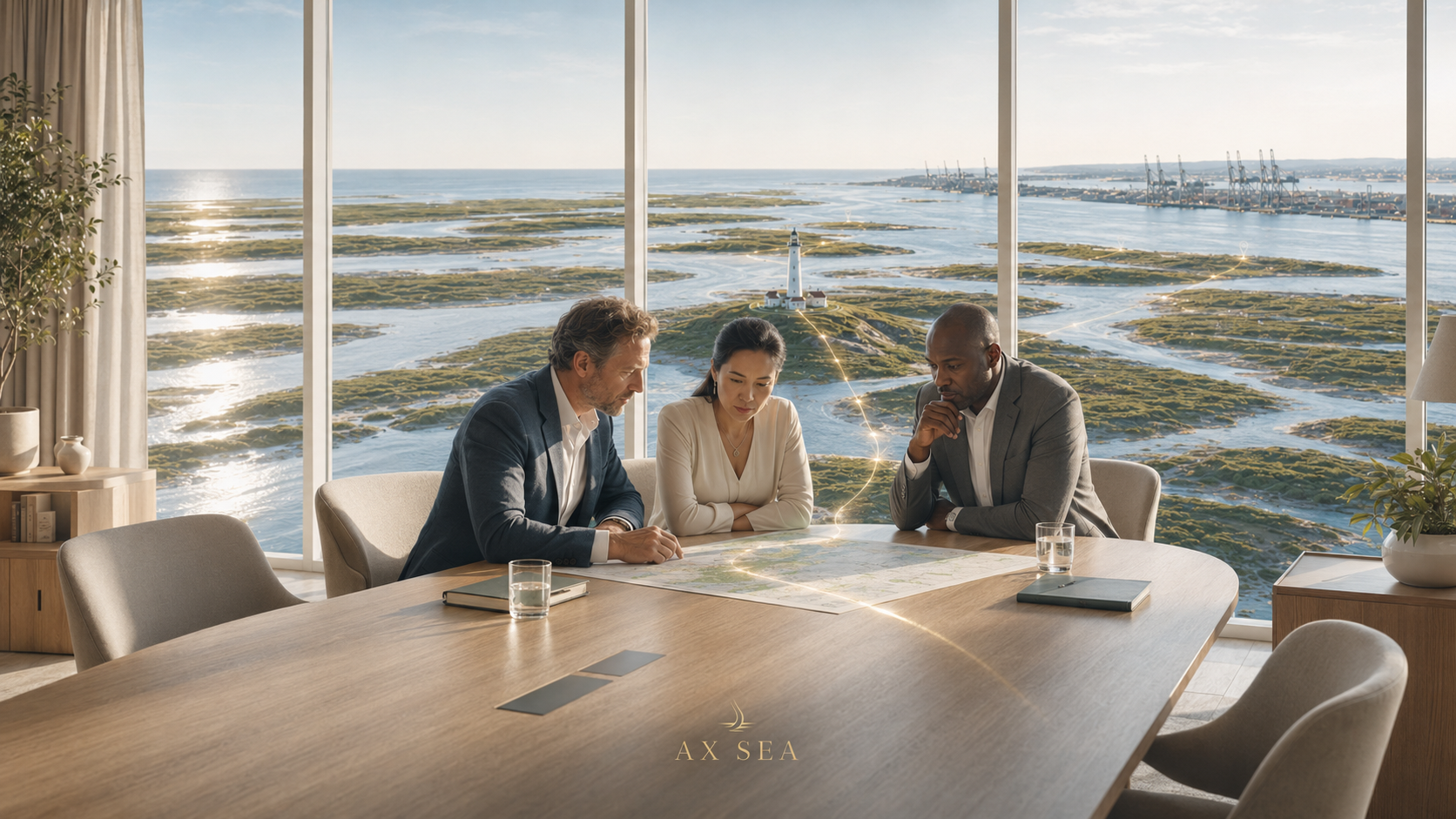 Drie zakenmensen bekijken een grote kaart op een tafel in een conferentiezaal met grote ramen aan de achtergrond die een zeezicht naar een vuurtoren en haven tonen.