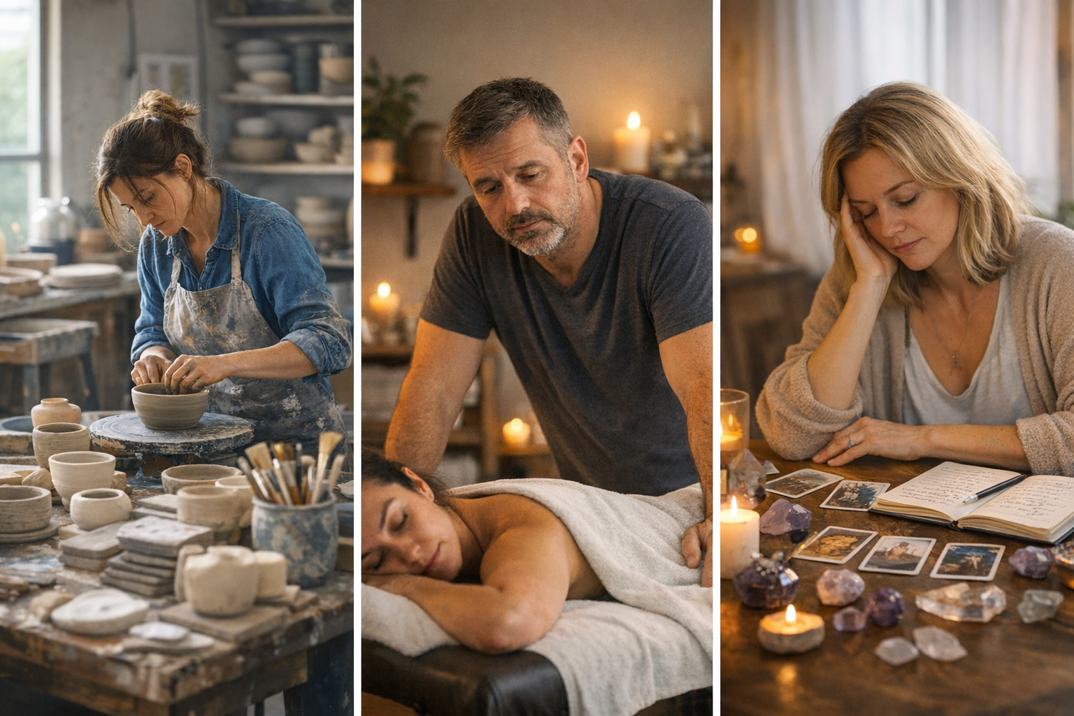 Eerst een vrouw die keramiek maakt, daarna mensen die een massage krijgen, en ten slotte een vrouw die tarotkaarten legt, allemaal in een rustige, sfeervolle setting met kaarslicht.