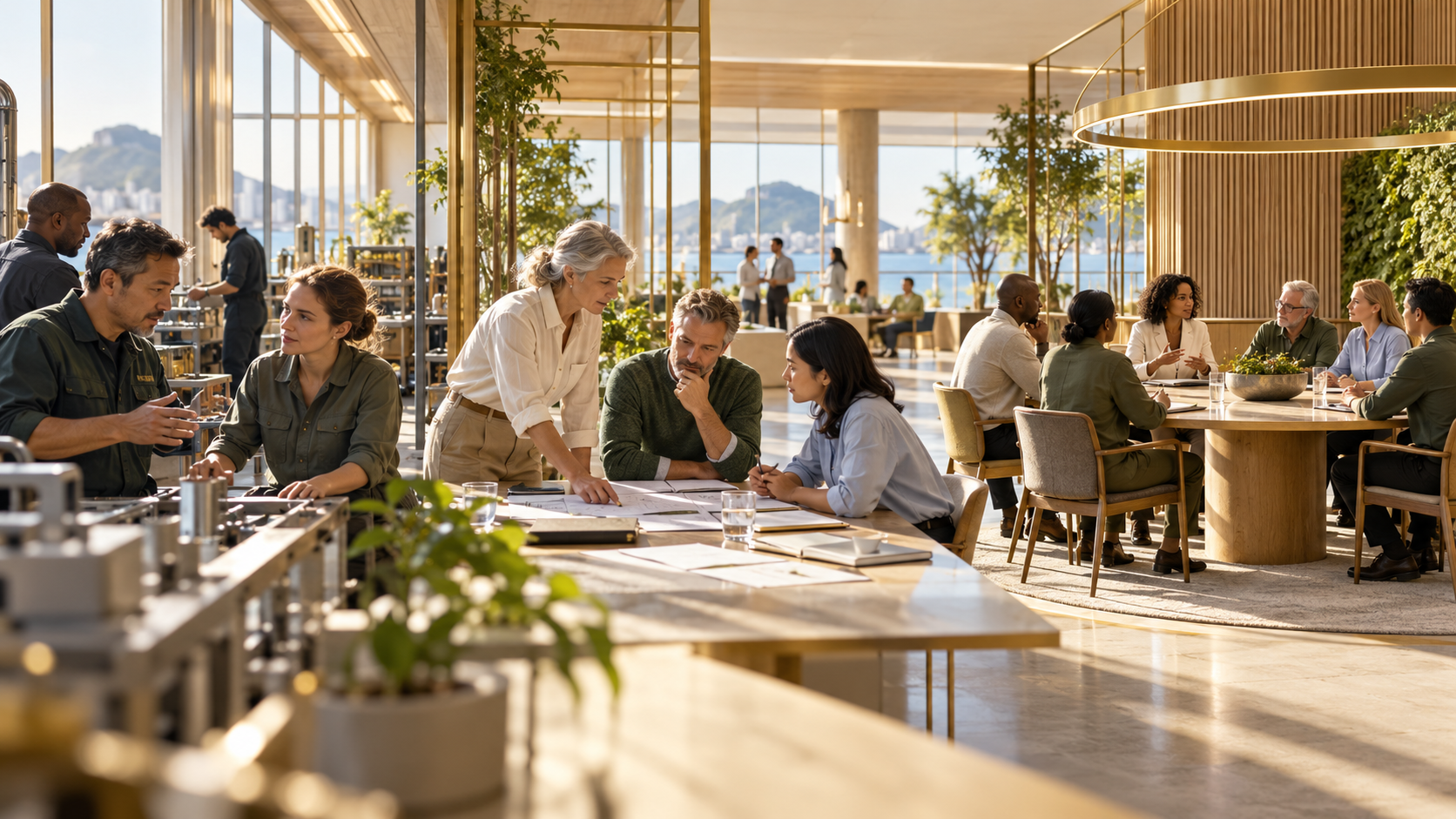 Divers team werkt samen aan een tafel in een modern, zonnig restaurant met uitzicht op zee en bergen.