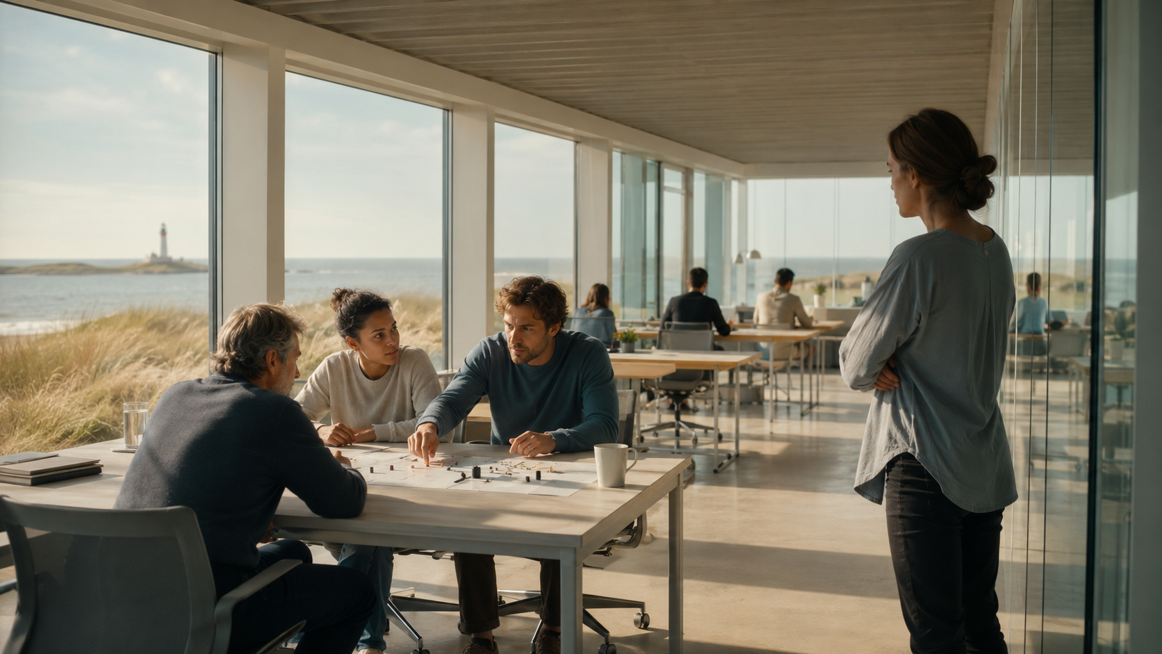 Een groep mensen zit aan een tafel in een kantoor, terwijl een vrouw standing naar hen kijkt.