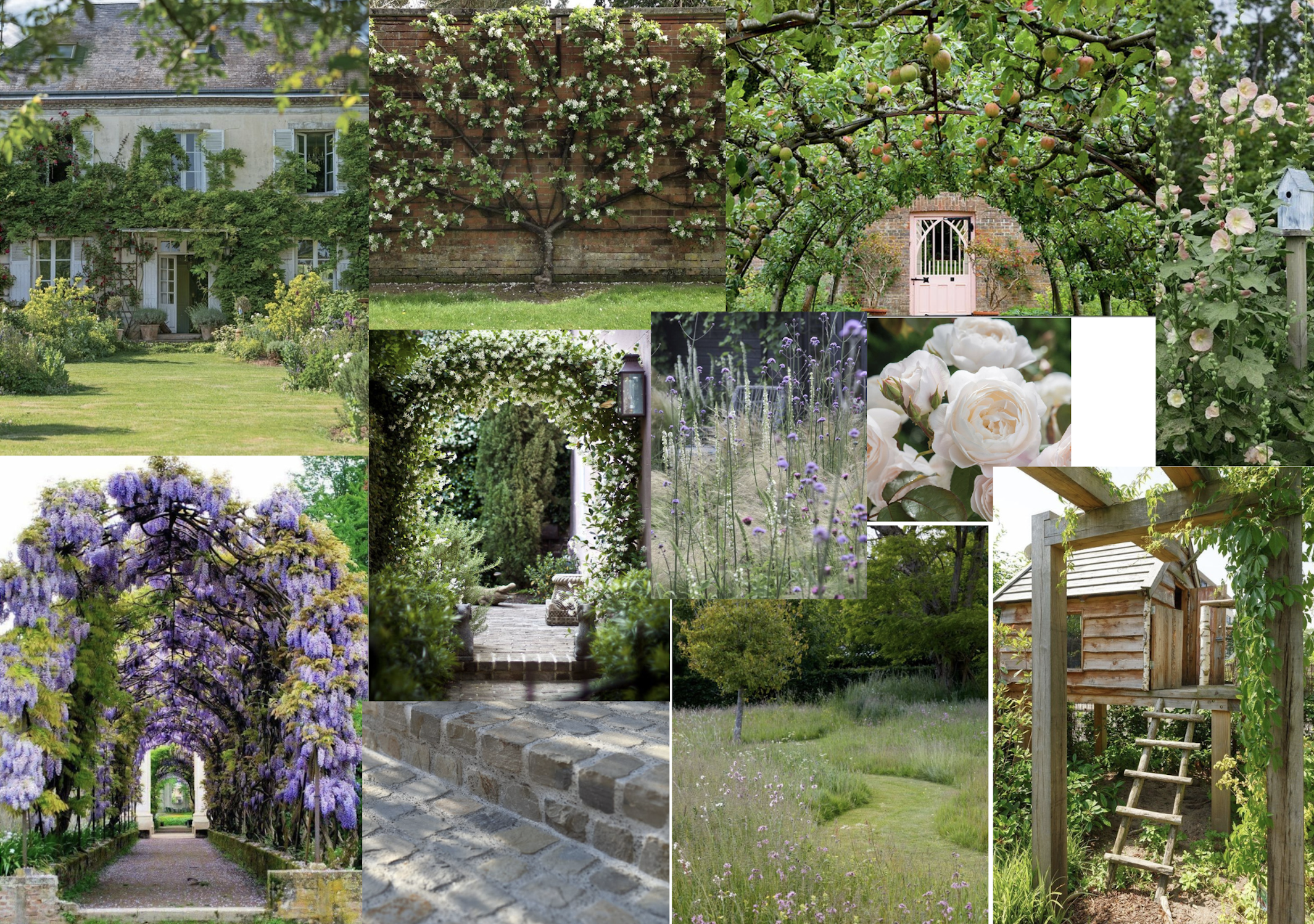 Collage van verschillende tuinen en tuinontwerpen, groen erfgoed tuin en landgoed, engelse rozen, eetbare pergola en authentieke bestrating. De focus van het ontwerp en beplantingsplan ligt op de planten: creatief tuinontwerp en beplantingsplan.