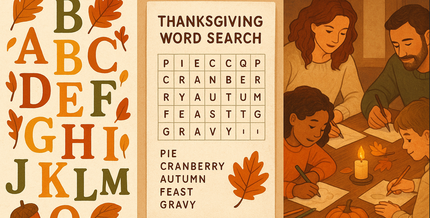 Fall-colored image of letters, a word-search game, and a family writing