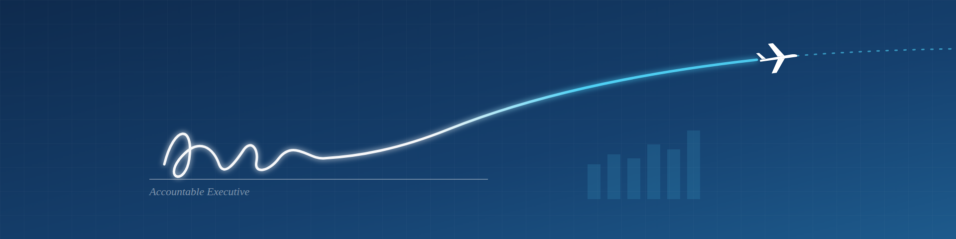Blue and white stylized image of a signature morphing into an airplane
