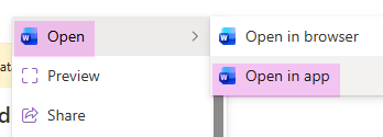 Image of an MS Word open file dropdown menu