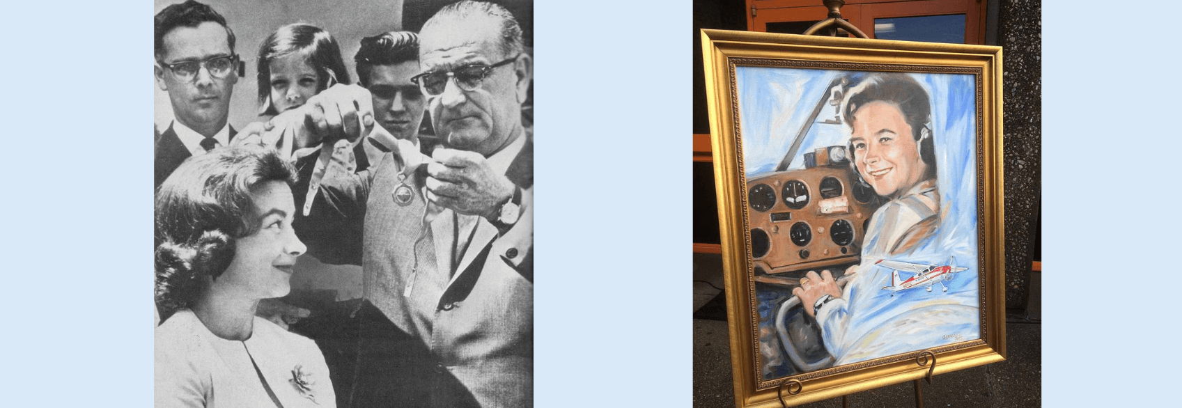 B&W image of Jerrie Mock receiving medal from Pres. Johnson and painting of her in the cockpit of her airplane
