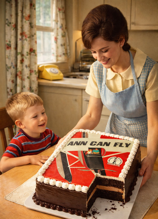 Image of a 1960s Mother holding a cake for her son