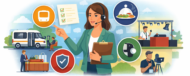 Image of a woman with a clipboard surrounded by images of transport, baggage, and audiovisual