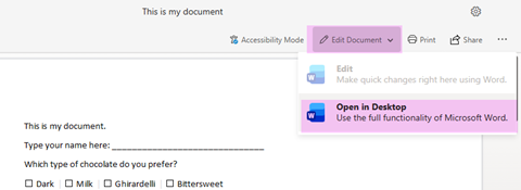 Image of an MS Word dropdown to Open in Desktop
