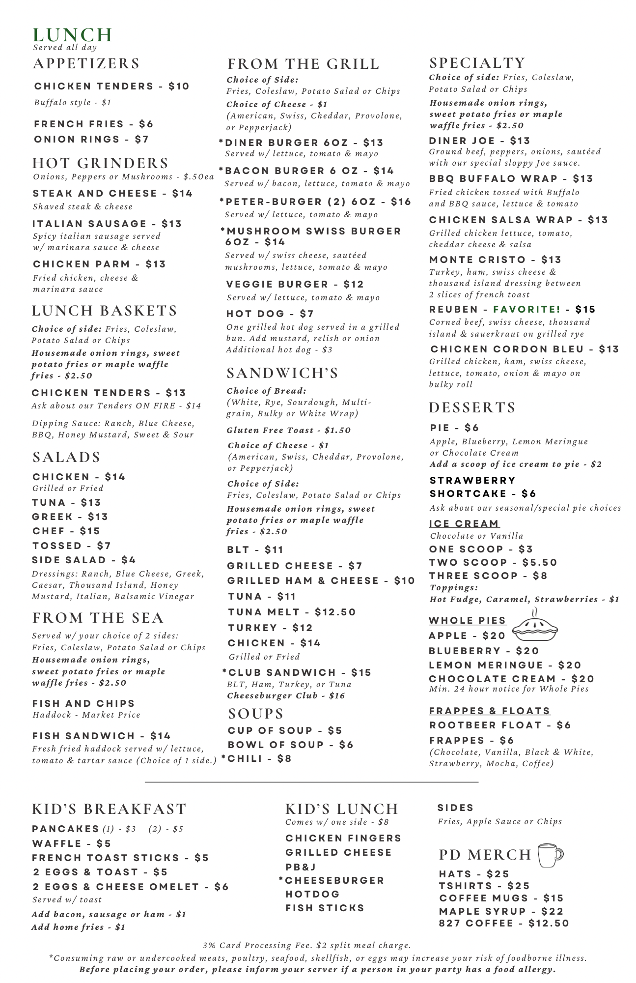 Restaurant menu featuring lunch options, appetizers, salads, from the grill, sandwiches, soups, kids' breakfast and lunch, sides, specialty items, desserts, ice cream, whole pies, frappes, floats, and merchandise, with prices listed for each.