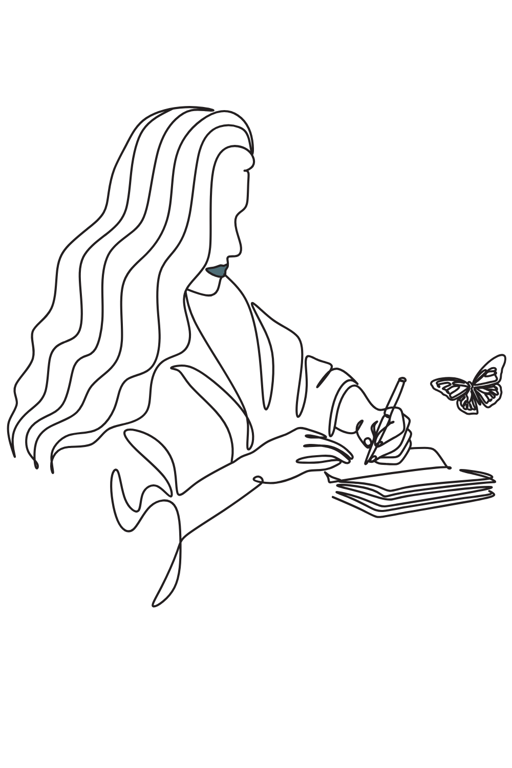 Illustration Frau beim Journaling mit einem Schmetterling im Vorbeifliegen