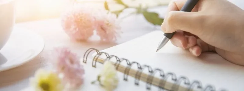 Eine Hand schreibt in ein Notizbuch mit einem Kugelschreiber, umgeben von Blumen auf einem Tisch.