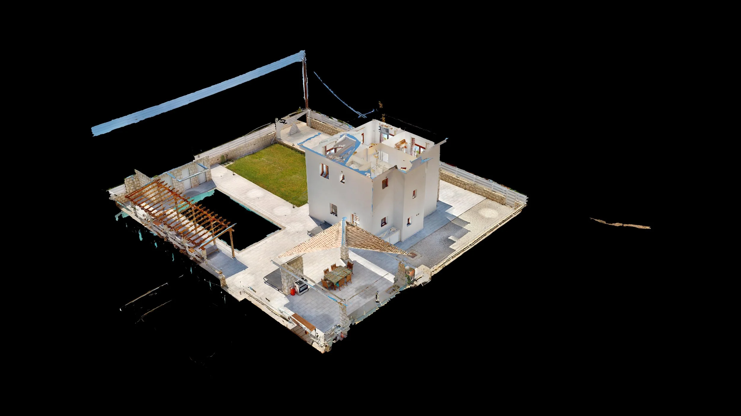 3D model of a house with a backyard featuring a green lawn, patio area with chairs, and a pergola, set against a black background.