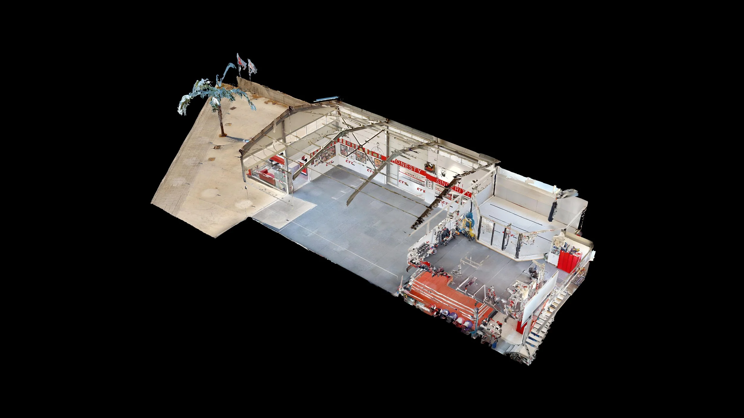 3D rendering of a sports gym with a boxing ring, exercise equipment, and palm trees.